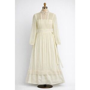 Vintage 70s Cream Prairie Maxi Dress XS/ 2-4 Victorian Lace Pleated Cottagecore